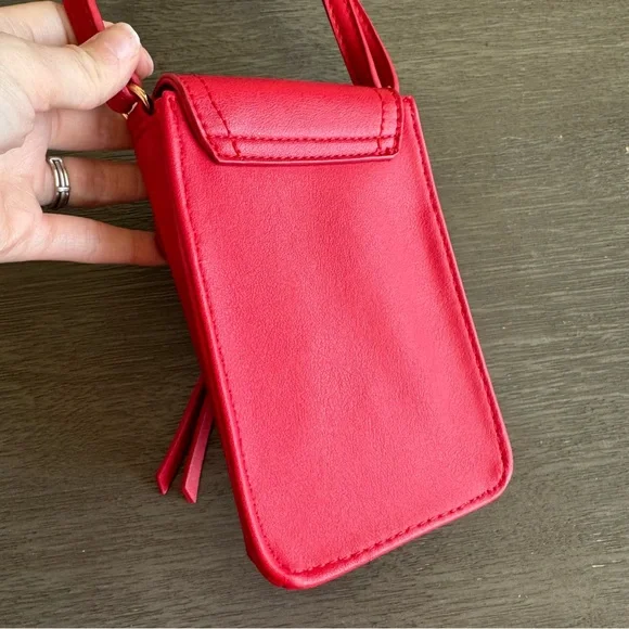 Red Crossbody Structured Rectangle Purse Bag Faux Leather Gold - Picture 5 of 10